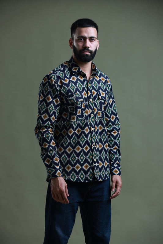 4400bc Model Wearing A printed Navy corduroy shirt with full sleeves, combining texture and style for a versatile and fashionable wardrobe staple.