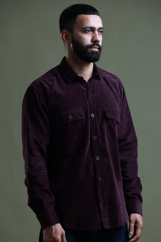 4400bc Model Wearing A Wine corduroy  shirt, exuding sophistication and versatility, perfect for both casual and semi-formal occasions with timeless appeal.