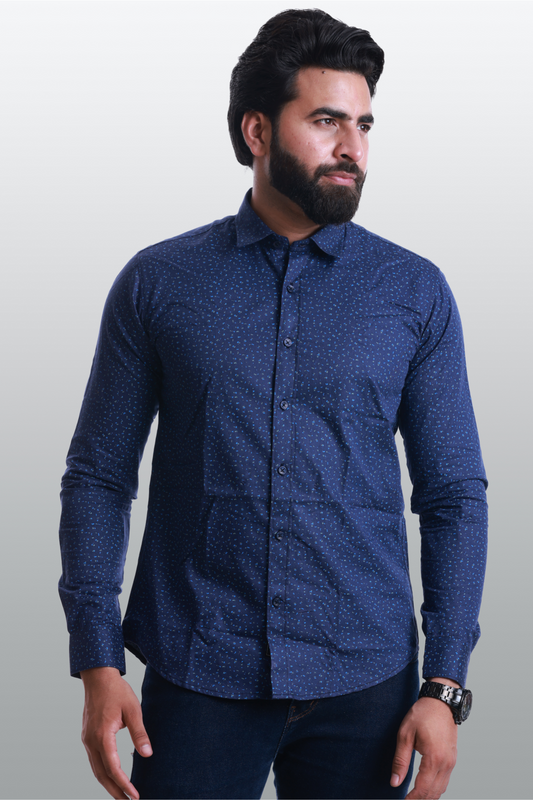 4400bc Model Wearing A Blue printed shirt, prints on lightweight cotton fabric, offering full sleeves for comfort and showcasing casual yet stylish sophistication.