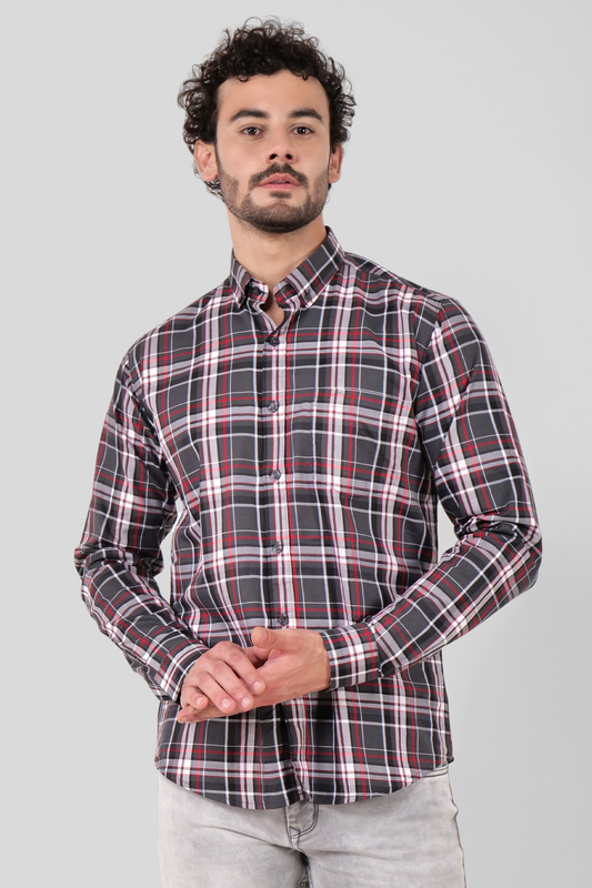 4400bc  Model Wearing A full-sleeves Dark Grey checkered shirt suitable for various occasions, providing comfort and versatility in everyday wear