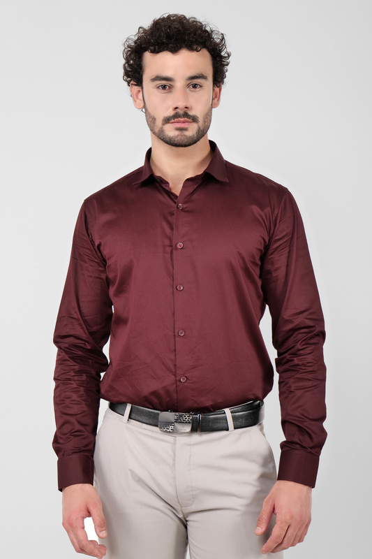 4400bc model wearing A Wine satin shirt with full sleeves, exuding sophistication and style, perfect for formal occasions or a sleek evening look.