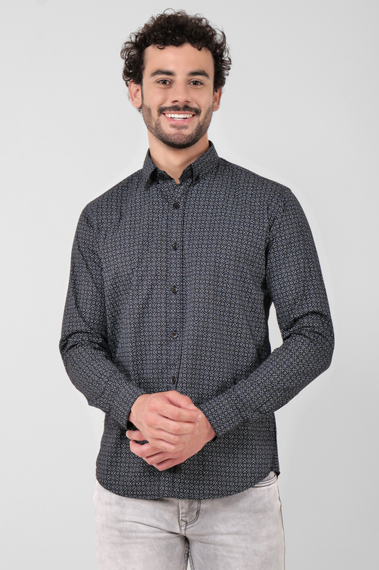 4400bc Model Wearing A Black printed shirt, prints on lightweight cotton fabric, offering full sleeves for comfort and showcasing casual yet stylish sophistication.