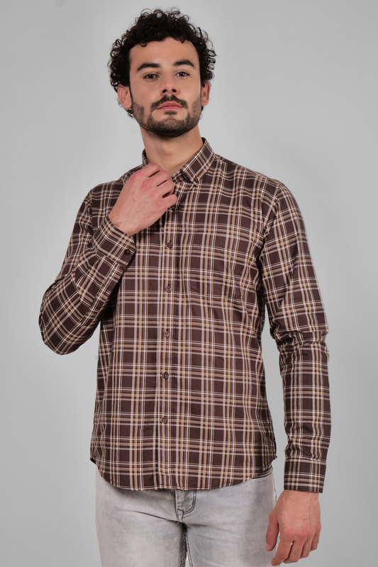 4400bc  Model Wearing A full-sleeves Brown checkered shirt suitable for various occasions, providing comfort and versatility in everyday wear.
