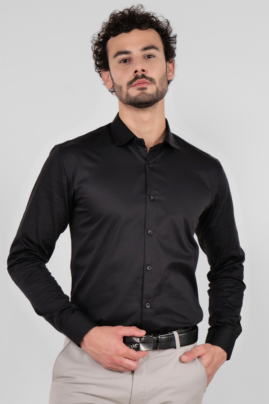 4400bc model wearing A black satin shirt with full sleeves, exuding sophistication and style, perfect for formal occasions or a sleek evening look.