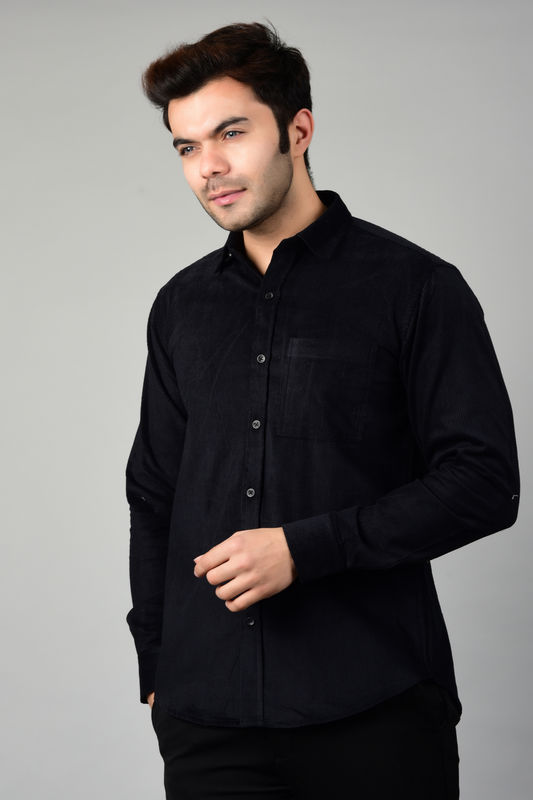 4400bc Model Wearing A Black corduroy shirt, exuding sophistication and versatility, perfect for both casual and semi-formal occasions with timeless appeal.