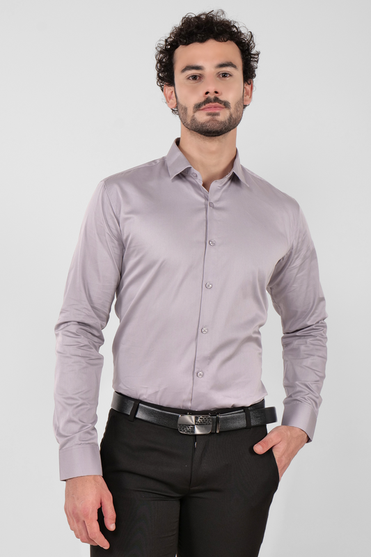 4400bc model wearing A Grey satin shirt with full sleeves, exuding sophistication and style, perfect for formal occasions or a sleek evening look.