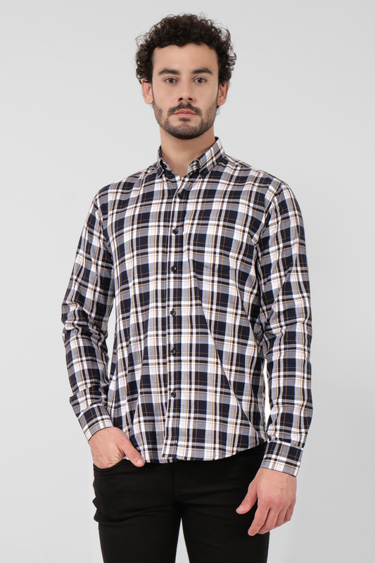 4400bc  Model Wearing A full-sleeves Navy checkered shirt suitable for various occasions, providing comfort and versatility in everyday wear.