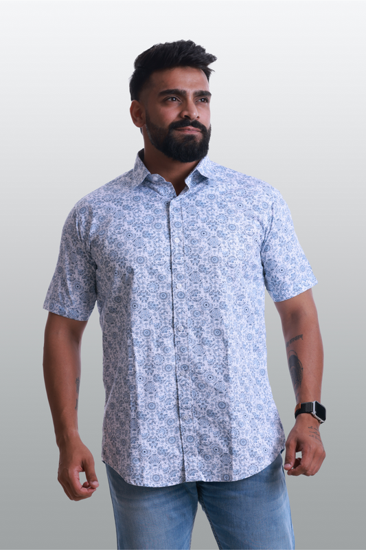 4400bc Model  wearing a Sky Blue shirt with short sleeves featuring printed design, Combining style and comfort for a trendy and casual look.