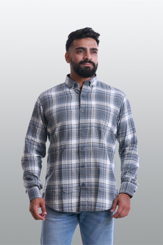 4400bc  Model Wearing A full-sleeves Grey checkered shirt suitable for various occasions, providing comfort and versatility in everyday wear