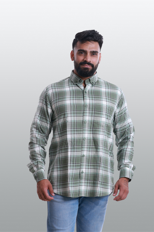 4400bc  Model Wearing A full-sleeves Green checkered shirt suitable for various occasions, providing comfort and versatility in everyday wear