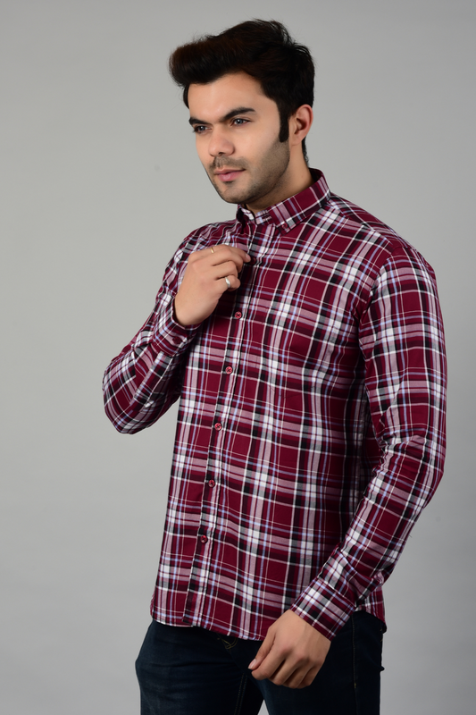 4400bc  Model Wearing A full-sleeves Maroon checkered shirt suitable for various occasions, providing comfort and versatility in everyday wear