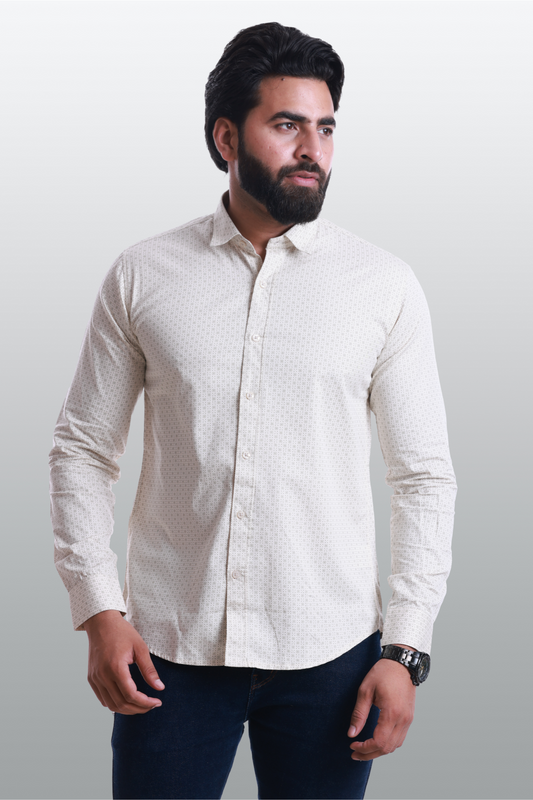 4400bc Model Wearing A printed shirt, prints on lightweight cotton fabric, offering full sleeves for comfort and showcasing casual yet stylish sophistication.