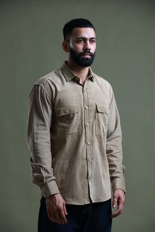 4400bc Model Wearing A Beige corduroy shirt, exuding sophistication and versatility, perfect for both casual and semi-formal occasions with timeless appeal.