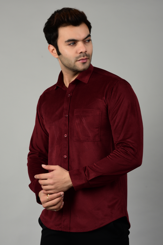 4400bc Model Wearing a velvet Maroon shirt, crafted from luxurious velvet fabric, exuding sophistication and timeless elegance with its refined silhouette.