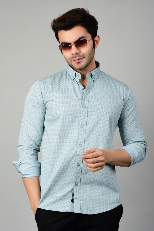 4400bc Model Wearing A printed shirt, prints on lightweight cotton fabric, offering full sleeves for comfort and showcasing casual yet stylish sophistication.