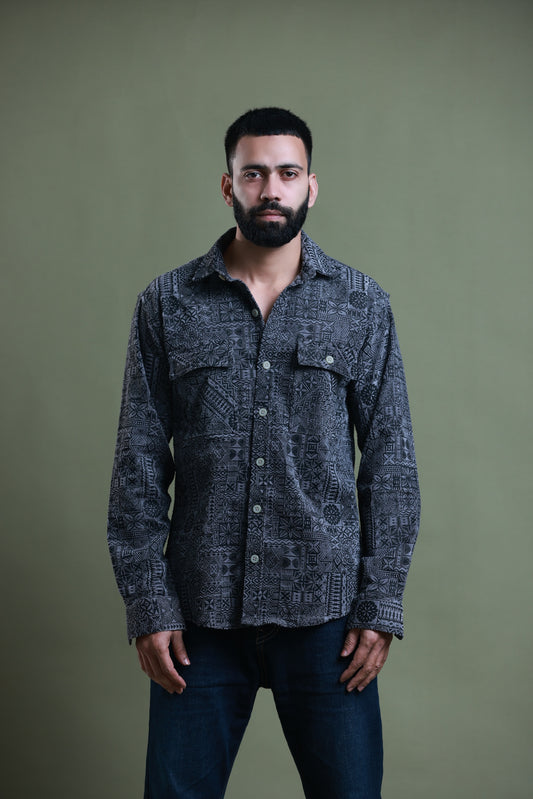 4400bc Model Wearing A printed Grey corduroy shirt with full sleeves, combining texture and style for a versatile and fashionable wardrobe staple.