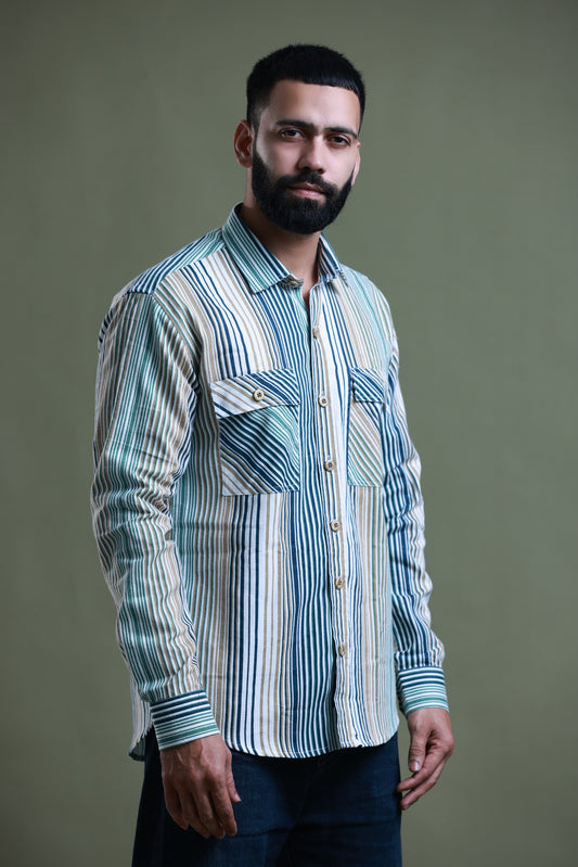 4400bc Model Wearing A classic shirt made of corduroy fabric, featuring Multi colors stripes and full-length sleeves, offering comfort and timeless elegance.