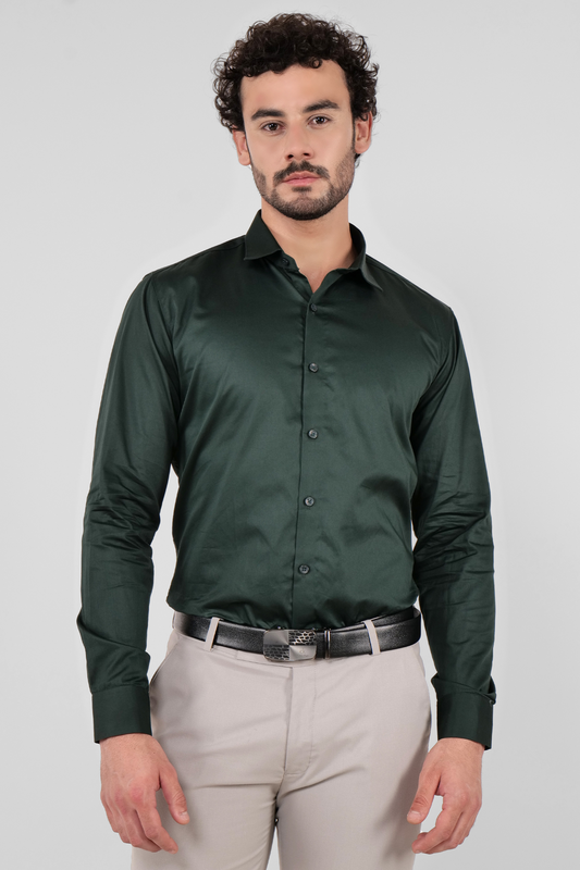 4400bc model wearing A Bottle Green satin shirt with full sleeves, exuding sophistication and style, perfect for formal occasions or a sleek evening look.